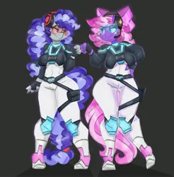 Size: 3500x3550 | Tagged: safe, artist:flutterthrash, derpibooru import, oc, oc:cinnabyte, oc:lillybit, unofficial characters only, anthro, earth pony, plantigrade anthro, black background, bow, breasts, busty oc, commission, duo, duo female, female, fist bump, hair bow, headset, image, jpeg, looking at each other, looking at someone, simple background, smiling, smiling at each other, smirk, thigh gap, underboob, visor, wide hips