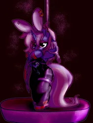 Size: 1510x2000 | Tagged: suggestive, artist:nyansockz, derpibooru import, oc, oc:sweet tooth, unicorn, fallout equestria, ashes town, bunny ears, bunny suit, clothes, fallout equestria oc, image, png, pole dancing, song reference, stripper pole