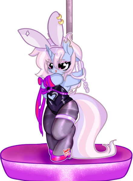 Size: 1468x2000 | Tagged: suggestive, artist:nyansockz, derpibooru import, oc, oc:sweet tooth, unicorn, fallout equestria, ashes town, bunny ears, bunny suit, clothes, fallout equestria oc, fishnets, heart, heart eyes, horn, image, png, pole dancing, simple background, song reference, stripper pole, transparent background, unicorn oc, wingding eyes