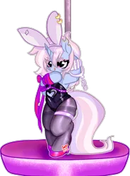 Size: 1468x2000 | Tagged: suggestive, artist:nyansockz, derpibooru import, oc, oc:sweet tooth, unicorn, fallout equestria, ashes town, bunny ears, bunny suit, clothes, fallout equestria oc, fishnets, heart, heart eyes, horn, image, png, pole dancing, simple background, song reference, stripper pole, transparent background, unicorn oc, wingding eyes