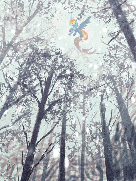 Size: 1620x2160 | Tagged: safe, artist:lendftcn, derpibooru import, rainbow dash, pegasus, pony, female, flying, forest, image, jpeg, low angle, mare, nature, snow, snowfall, solo, spread wings, tree, wings