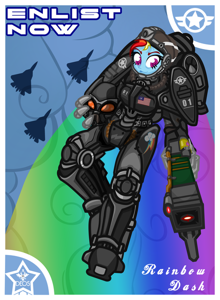 Size: 2079x2830 | Tagged: safe, artist:devorierdeos, derpibooru import, rainbow dash, fallout equestria, equestria girls, armor, commonwealth, enclave, enclave armor, equestria girls-ified, flying, helmet, image, jetpack, laser rifle, military poster, ministry mares, ministry of awesome, png, power armor, sparkle battery, su-57, united states, x-02