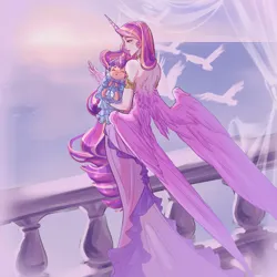 Size: 1280x1280 | Tagged: safe, artist:luverihu, derpibooru import, princess cadance, princess flurry heart, anthro, bird, baby, balcony, clothes, dress, duo, female, image, jewelry, jpeg, mother and child, mother and daughter, necklace, sunrise