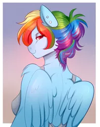 Size: 1700x2154 | Tagged: safe, artist:cutievarka, derpibooru import, rainbow dash, anthro, pegasus, pony, backless, breasts, busty rainbow dash, ear piercing, earring, female, gradient background, image, jewelry, lidded eyes, looking at you, looking back, looking back at you, mare, piercing, png, sideboob, smiling, smiling at you, solo