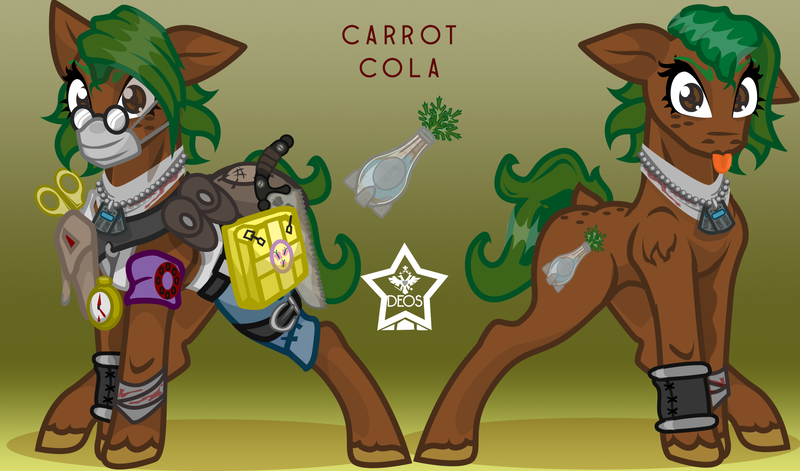 Size: 1700x1000 | Tagged: safe, artist:devorierdeos, derpibooru import, oc, oc:carrot cola, unofficial characters only, earth pony, pony, fallout equestria, cutie mark, dog tags, glasses, image, mask, medical box, pince-nez, png, raider, simple background, surgeon, surgical mask, surgical saw, surgical scissors, watch