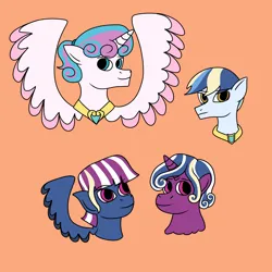Size: 1640x1640 | Tagged: safe, artist:dexterousdecarius, derpibooru import, princess flurry heart, oc, oc:noble heart, oc:sky shield, oc:spell shield, alicorn, earth pony, pegasus, unicorn, colored wings, earth pony oc, horn, image, jpeg, offspring, older, older flurry heart, orange background, parent:princess cadance, parent:shining armor, parents:shiningcadance, pegasus oc, peytral, siblings, simple background, twins, two toned wings, unicorn oc, wings