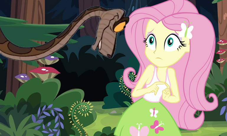 Size: 769x461 | Tagged: safe, artist:ocean lover, derpibooru import, fluttershy, human, python, snake, equestria girls, bare shoulders, blue eyes, bush, butterfly hairpin, clothes, crossover, cutie mark, cutie mark on clothes, disney, forest, forest background, frown, humanized, image, jpeg, kaa, link, link in description, long hair, looking at each other, looking at someone, nature, outdoors, pink hair, scared, species swap, tanktop, the jungle book, the legend of zelda, thumbnail, tree, uncomfortable, youtube, youtube link, youtube thumbnail, youtube video