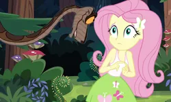 Size: 769x461 | Tagged: safe, artist:ocean lover, derpibooru import, fluttershy, human, python, snake, equestria girls, bare shoulders, blue eyes, bush, butterfly hairpin, clothes, crossover, cutie mark, cutie mark on clothes, disney, forest, forest background, frown, humanized, image, jpeg, kaa, link, link in description, long hair, looking at each other, looking at someone, nature, outdoors, pink hair, scared, species swap, tanktop, the jungle book, the legend of zelda, thumbnail, tree, uncomfortable, youtube, youtube link, youtube thumbnail, youtube video