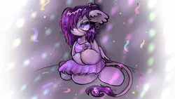 Size: 1200x675 | Tagged: safe, artist:larvaecandy, derpibooru import, oc, oc:vylet, unofficial characters only, pegasus, pony, carousel (an examination of the shadow creekflow and its life as an afterthought), clothes, dress, image, jpeg, leonine tail, party, solo, tail, vylet pony