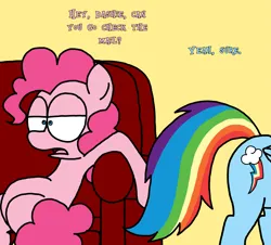 Size: 3351x3023 | Tagged: safe, artist:professorventurer, derpibooru import, pinkie pie, rainbow dash, pony, comic:the mail, couch, dialogue, duo, female, image, mare, meme, png, sitting, slouching