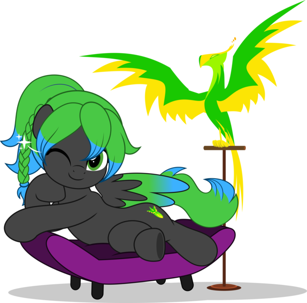 Size: 5060x5000 | Tagged: safe, alternate version, artist:jhayarr23, derpibooru import, oc, oc:solar aura, balefire phoenix, pegasus, phoenix, fallout equestria, braid, colored wings, commission, commissioner:solar aura, couch, gradient wings, image, one eye closed, one eye open, pegasus oc, perch, perching, png, ponytail, wings, wink, your character here