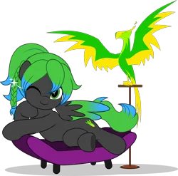 Size: 5060x5000 | Tagged: safe, alternate version, artist:jhayarr23, derpibooru import, oc, oc:solar aura, balefire phoenix, pegasus, phoenix, fallout equestria, braid, colored wings, commission, commissioner:solar aura, couch, gradient wings, image, one eye closed, one eye open, pegasus oc, perch, perching, png, ponytail, wings, wink, your character here