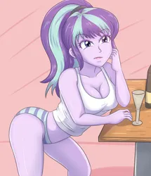Size: 2952x3425 | Tagged: suggestive, artist:sumin6301, derpibooru import, starlight glimmer, human, equestria girls, 2d, alcohol, bangs, board, bottle, breasts, busty starlight glimmer, butt, clothes, eyebrows, eyebrows visible through hair, eyeshadow, female, g4, glass, hand on cheek, image, jpeg, leaning on table, legs, lipstick, looking at you, makeup, midriff, nose, panties, pink background, ponytail, shirt, simple background, sleeveless, sleeveless shirt, solo, solo female, striped panties, striped underwear, stupid sexy starlight glimmer, table, tanktop, thighs, underwear, wine, wine bottle, wine glass, wooden table