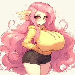 Size: 1024x1024 | Tagged: suggestive, ai content, derpibooru import, machine learning generated, fluttershy, human, adorasexy, big breasts, breasts, busty fluttershy, clothes, curvy, cute, female, g4, hand in pocket, heart, hoodie, hourglass figure, huge breasts, image, impossibly large breasts, large butt, long hair, looking at you, png, prompter:horselover fat, sexy, shorts, shyabetes, side view, sideboob, simple background, solo, solo female, standing, stupid sexy fluttershy, white background, wide hips, wing ears, wings
