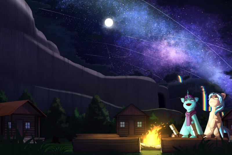 Size: 4500x3000 | Tagged: safe, artist:nihithebrony, derpibooru import, oc, oc:haven sympony, oc:lumin light, unofficial characters only, pegasus, pony, unicorn, beige body, beige wings, campfire, cinematic, cliff, clothes, colored, colored wings, cottage, couple, duo, duo male, food, forest, full body, full moon, g4, grass, green coat, green horn, image, jewelry, light blue mane, light blue wings, logs, male, marshmallow, moon, multicolored coat, multicolored hair, multicolored mane, multicolored tail, multicolored wings, nature, outdoors, pegasus oc, png, purple eyes, purple mane, purple tail, rainbow, rainbow falls (location), relaxed, relaxing, ring, scarf, shading, sky, stallion, stargazing, starry night, stars, tail, tree, tunnel, white mane, white wings, wings, yellow eyes