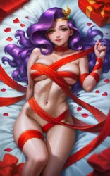 Size: 640x1024 | Tagged: suggestive, ai content, derpibooru import, editor:sammykun, machine learning generated, stable diffusion, pipp petals, human, g5, my little pony: a new generation, bed, bed sheets, big breasts, bondage, breasts, busty pipp petals, covered, covered nipples, female, flower petals, generator:pony diffusion v6 xl, generator:purplesmart.ai, gift wrapped, humanized, image, looking at you, lying down, midriff, nudity, on bed, png, present, prompter:sammykun, requested art, ribbon, ribbon bikini, rose petals, sexy, smiling, solo, solo female, stupid sexy pipp petals, wrapped up