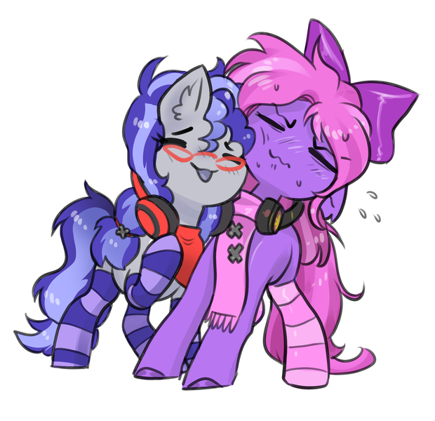 Size: 2432x2353 | Tagged: safe, artist:opalacorn, derpibooru import, oc, oc:cinnabyte, oc:lillybit, earth pony, pony, bow, clothes, commission, emanata, eyes closed, female, hair bow, headphones, headphones around neck, image, jpeg, mare, nuzzling, plewds, scarf, simple background, socks, striped socks, wavy mouth, white background, ych result