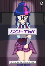 Size: 2408x3472 | Tagged: safe, artist:derpyramone, derpibooru import, sci-twi, twilight sparkle, human, fanfic, equestria girls, clothes, comic, cover, cover art, crystal prep academy uniform, explicit source, female, g4, glasses, humanized, image, light skin, looking at you, png, room, school uniform, shadow, skirt, socks, solo, solo female, spanish