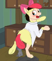 Size: 3000x3500 | Tagged: safe, artist:furnaise, derpibooru import, apple bloom, earth pony, human, pony, age regression, bloom butt, blushing, butt, clothes, cookie, eye color change, food, g4, human to pony, image, looking back, male to female, mid-transformation, open mouth, png, shrinking, sweet apple acres, transformation, transgender transformation, underhoof, younger