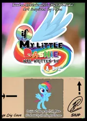 Size: 2143x3000 | Tagged: safe, ai content, artist:iamaveryrealperson, derpibooru import, machine learning assisted, rainbow dash, pegasus, pony, comic:if my little dashie was written by a bot, fanfic, fanfic:if my little dashie was written by a bot, fanfic:my little dashie, 2023, blurry background, box, cardboard box, comic, comic cover, drop shadow, fanfic art, image, logo, outline, parody, png, rainbow, signature, spread wings, tail, text, tree, white outline, wings