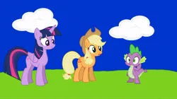 Size: 1066x599 | Tagged: safe, screencap, applejack, spike, twilight sparkle, alicorn, dragon, earth pony, pony, series:mlp animation's short films, series:the where spike lives, confused, cute, image, jpeg, smiling, trio, twiabetes