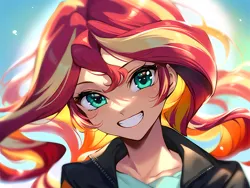 Size: 4096x3072 | Tagged: safe, ai content, derpibooru import, machine learning generated, stable diffusion, sunset shimmer, human, cute, female, g4, generator:pony diffusion v6 xl, generator:purplesmart.ai, gradient background, grin, image, looking at you, png, prompter:lerkyboy, shimmerbetes, smiling, solo, wallpaper