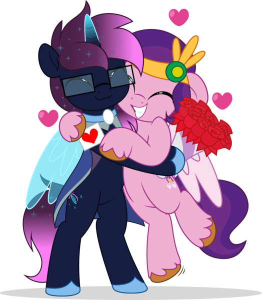 Size: 4364x5000 | Tagged: safe, artist:jhayarr23, derpibooru import, pipp petals, oc, oc:osiris eclipse, alicorn, pegasus, pony, unicorn, g5, adorapipp, bipedal, bouquet, canon x oc, card, clothes, commission, cute, diadem, duo, ethereal mane, female, flower, glasses, heart, holiday, hoof shoes, horn, hug, image, jewelry, male, mare, png, regalia, rose, shipping, simple background, size difference, smiling, species swap, stallion, starry mane, starry tail, straight, tail, transparent background, valentine's day, wings, ych result
