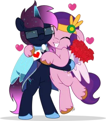 Size: 4364x5000 | Tagged: safe, artist:jhayarr23, derpibooru import, pipp petals, oc, oc:osiris eclipse, alicorn, pegasus, pony, unicorn, g5, adorapipp, bipedal, bouquet, canon x oc, card, clothes, commission, cute, diadem, duo, ethereal mane, female, flower, glasses, heart, holiday, hoof shoes, horn, hug, image, jewelry, male, mare, png, regalia, rose, shipping, simple background, size difference, smiling, species swap, stallion, starry mane, starry tail, straight, tail, transparent background, valentine's day, wings, ych result