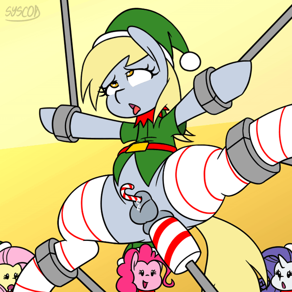 Size: 720x720 | Tagged: explicit, artist:syscod, derpibooru import, derpy hooves, fluttershy, pinkie pie, rarity, earth pony, pegasus, pony, unicorn, art pack:horny santas factory, ahegao, anal, anal insertion, animated, bondage, christmas, clothes, flaccid, food, fucking machine, futa, gif, holiday, image, imminent yeast infection, insertion, intersex, leaking, machine, nudity, open mouth, penetration, penis, sex, sheath, socks, stockings, thigh highs, tongue out, urethral insertion
