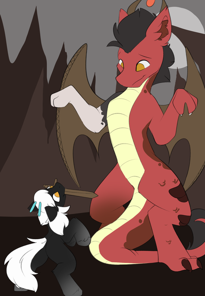 Size: 1362x1970 | Tagged: safe, artist:beardie, derpibooru import, oc, oc:philip noodle, oc:shifted perspective, unofficial characters only, draconequus, dragon, pony, bipedal, featureless crotch, female, forest, gradient background, horns, image, male, mouth hold, nature, playing, png, sword, tree, unshorn fetlocks, weapon, wings, wooden sword