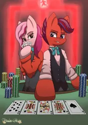 Size: 1280x1810 | Tagged: safe, artist:tenderrain-art, derpibooru import, oc, unofficial characters only, semi-anthro, card, clothes, image, png, poker, poker chips, vest