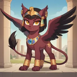 Size: 1024x1024 | Tagged: prompter needed, safe, ai content, derpibooru import, machine learning generated, stable diffusion, sphinx, column, cute, cute little fangs, egyptian headdress, fangs, female, gem, image, jewelry, looking at you, outdoors, paws, png, sky, slit pupils, solo, spread wings, tail, wings, yellow eyes