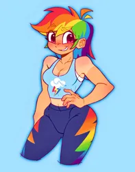 Size: 2226x2825 | Tagged: safe, artist:minky, derpibooru import, rainbow dash, human, blue background, blushing, breasts, cleavage, clothes, eye clipping through hair, eyebrows, eyebrows visible through hair, female, grin, hand on hip, humanized, image, jpeg, looking at you, midriff, simple background, smiling, solo, sports outfit, tan lines, tanktop, tight clothing