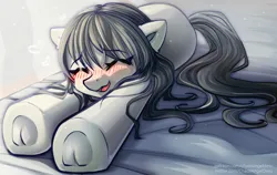 Size: 1323x837 | Tagged: safe, artist:chaosangeldesu, derpibooru import, octavia melody, earth pony, pony, bed, blushing, cute, eyes closed, female, frog (hoof), image, jpeg, loose hair, mare, solo, tavibetes, underhoof