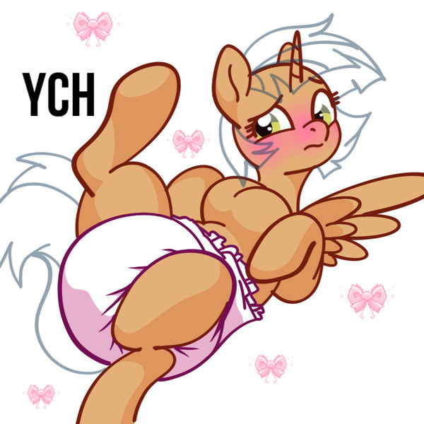 Size: 1024x1024 | Tagged: questionable, artist:rjin, derpibooru import, oc, unofficial characters only, alicorn, earth pony, pegasus, pony, unicorn, adult, any gender, any race, blushing, breasts, commission, cute, diaper, diaper fetish, diapered, fetish, image, jpeg, non-baby in diaper, poofy diaper, simple background, solo, white background, ych sketch, your character here