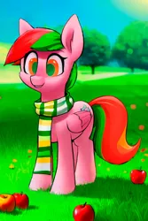 Size: 512x768 | Tagged: safe, ai content, derpibooru import, machine learning generated, prompter:endronist, stable diffusion, oc, oc:jel'ka, pegasus, pony, apple, apple orchard, clothes, cute, cutie mark, folded wings, food, fruit, generator:pony diffusion v4, green mane, green pupils, image, multicolored scarf, orange eyes, orange mane, orchard, pegasus oc, png, pony oc, scarf, shadow, smiling, striped scarf, sun, sunlight, tree, wings