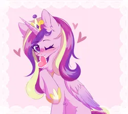 Size: 1844x1651 | Tagged: safe, artist:belkaart0w0, derpibooru import, princess cadance, alicorn, pony, blushing, chest fluff, crown, cute, cutedance, ear fluff, female, heart, heart eyes, holiday, hoof shoes, image, jewelry, mare, missing cutie mark, one eye closed, png, regalia, solo, valentine's day, wingding eyes, wink