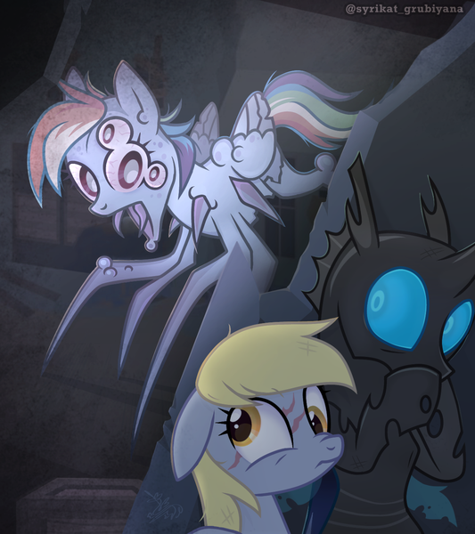 Size: 1200x1350 | Tagged: semi-grimdark, artist:syrikatsyriskater, derpibooru import, derpy hooves, rainbow dash, changeling, monster pony, original species, pegasus, pony, spiderpony, alternate hairstyle, alternate universe, bloodshot eyes, boulder, covering mouth, eye scar, eyes do not belong there, facial scar, fangs, female, hiding, image, infected, infection, mare, monster, multiple eyes, open mouth, png, rock, scar, scared, trio