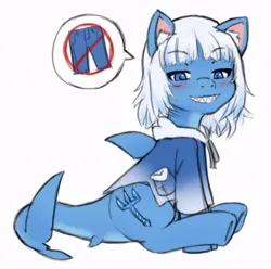Size: 838x830 | Tagged: safe, artist:alloyrabbit, derpibooru import, ponified, original species, pony, shark, shark pony, clothes, dorsal fin, fin, gawr gura, grin, image, jpeg, looking at you, no pants, pictogram, simple background, sitting, smiling, solo, white background