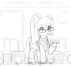Size: 746x692 | Tagged: safe, artist:alloyrabbit, derpibooru import, oc, unofficial characters only, earth pony, pony, :o, bus, clothes, giant pony, glasses, high ponytail, holding, image, jpeg, macro, monochrome, necktie, open mouth, solo