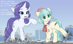 Size: 1301x793 | Tagged: safe, artist:alloyrabbit, derpibooru import, coco pommel, rarity, earth pony, pony, unicorn, bus, city, destruction, dialogue, duo, female, giant pony, image, jpeg, macro, mare, raised hoof, shy, wavy mouth