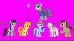 Size: 1080x605 | Tagged: safe, screencap, carrot top, derpy hooves, doctor whooves, golden harvest, maud pie, octavia melody, rainbow dash, time turner, earth pony, pegasus, pony, series:maud knows best, series:mlp animation's short films, cute, cutie top, derpabetes, happy, image, jpeg, microphone