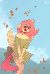 Size: 2600x3800 | Tagged: suggestive, artist:yarugreat, derpibooru import, fluttershy, anthro, pegasus, bite mark, blushing, bruised, choker, clothes, dress, embarrassed, embrace, female, floppy ears, g4, image, leaves, open mouth, png, shoulderless, simple background, skirt, skirt lift, solo, solo female, spank mark, wind, wings