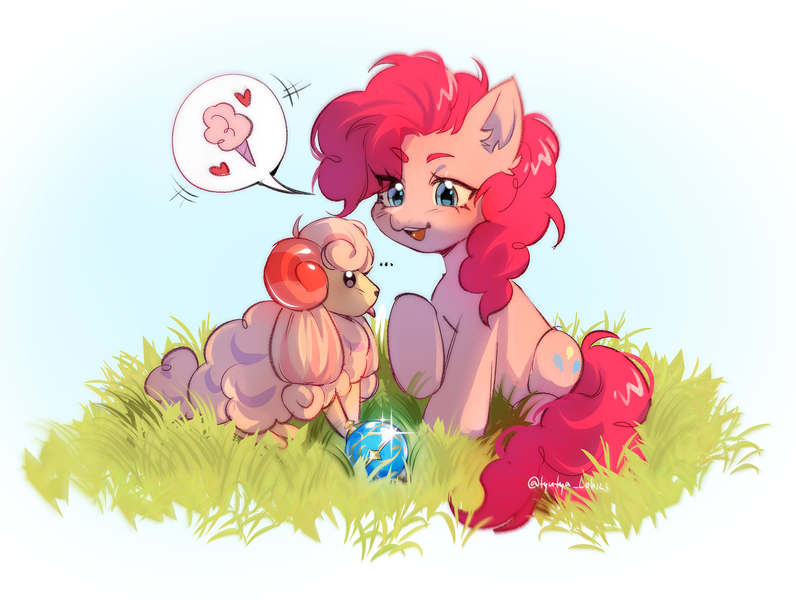 Size: 2597x1957 | Tagged: safe, artist:tyutya, derpibooru import, pinkie pie, earth pony, pony, :p, cotton candy, female, g4, grass, heart, image, mare, pal, pal spheres, palworld, png, shine, solo, tongue out, woolipop