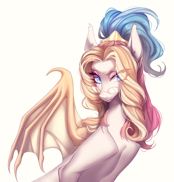 Size: 3616x3800 | Tagged: safe, artist:meggychocolatka, derpibooru import, oc, unofficial characters only, bat pony, bat pony oc, bat wings, commission, female, glasses, image, looking at you, orange hair, pink hair, png, ponytail, solo, wings