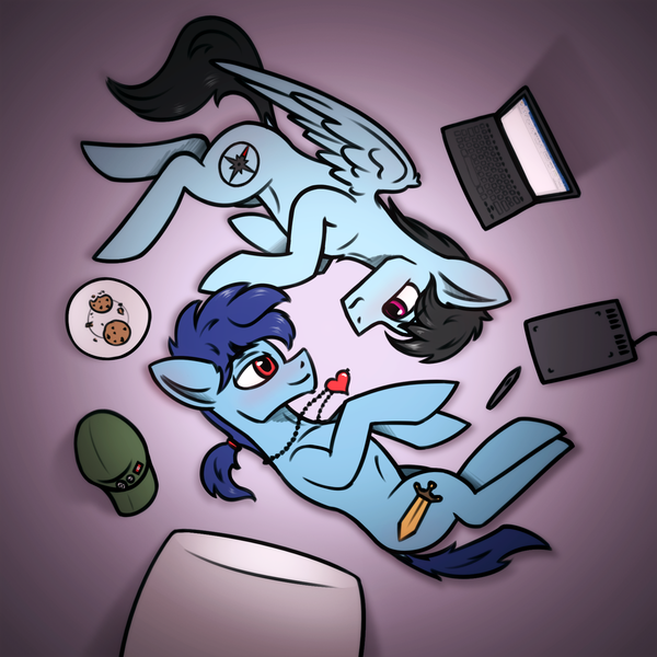 Size: 1688x1688 | Tagged: safe, artist:tsswordy, derpibooru import, oc, oc:leo hawk, oc:swordy, unofficial characters only, earth pony, pegasus, computer, cookie, duo, food, gay, image, laptop computer, lying down, male, png, romantic, side