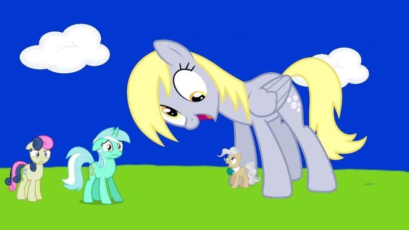 Size: 1080x606 | Tagged: safe, screencap, bon bon, derpy hooves, lyra heartstrings, mayor mare, sweetie drops, earth pony, pegasus, pony, series:mayor's best friend, series:mlp animation's short films, derpysaur, image, jpeg, scared