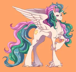 Size: 2925x2773 | Tagged: safe, artist:1an1, derpibooru import, princess celestia, alicorn, pony, bed mane, chest fluff, image, messy mane, orange background, png, raised hoof, simple background, solo, spread wings, unshorn fetlocks, wings