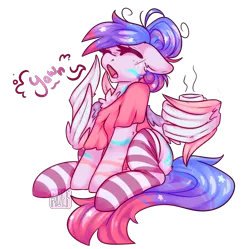 Size: 2740x2729 | Tagged: safe, artist:ruef, oc, unnamed oc, unofficial characters only, pegasus, pony, clothes, colored wings, eyes closed, female, image, mare, multicolored wings, open mouth, pegasus oc, png, simple background, sitting, socks, solo, striped socks, tail, transparent background, wing hold, wings, yawn