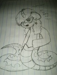 Size: 3120x4160 | Tagged: safe, artist:thatmlpartist, derpibooru import, oc, oc:brisk binding, unofficial characters only, lamia, original species, curved horn, dialogue, horn, image, jpeg, relatable, tired, traditional art